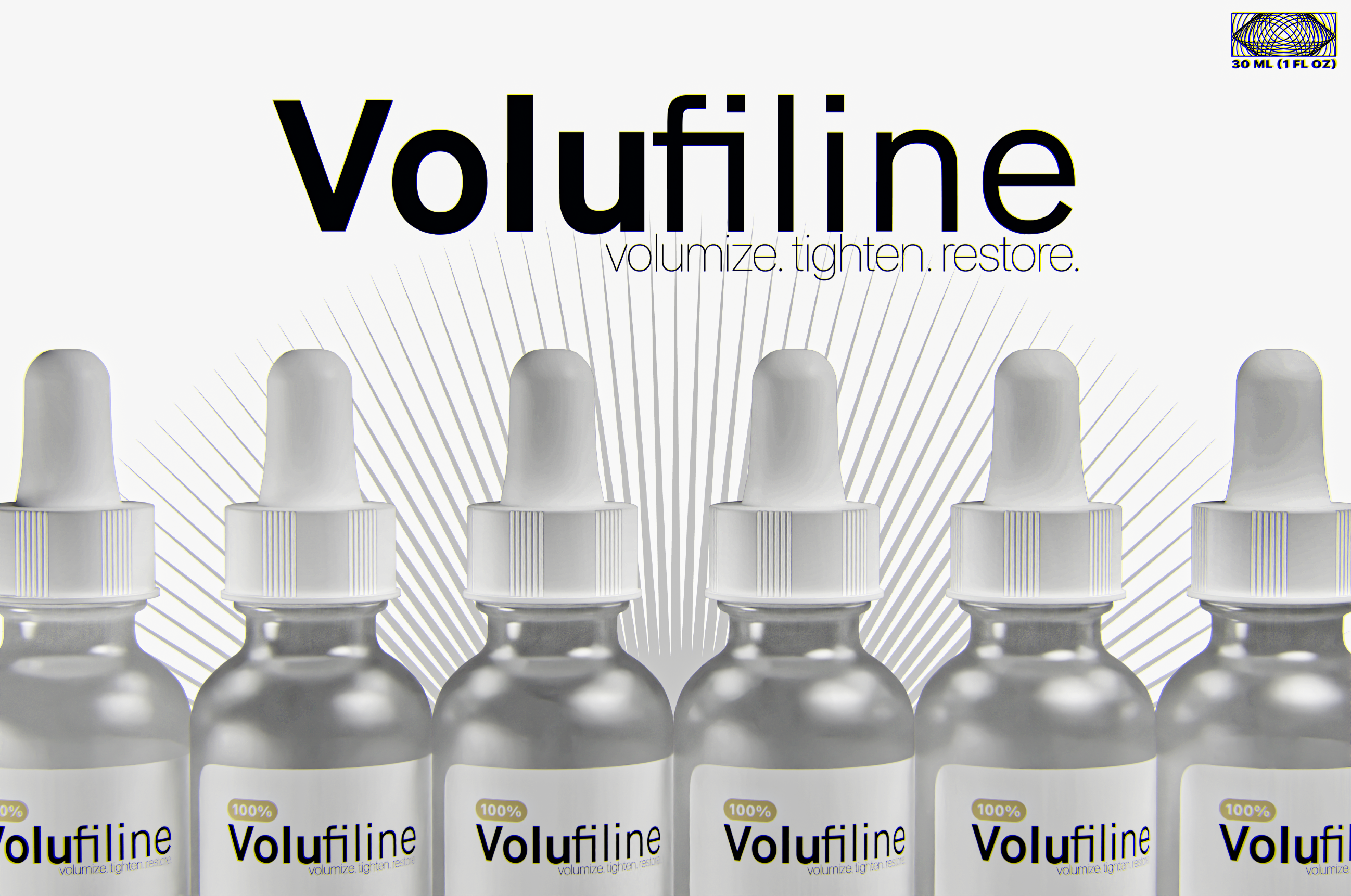Six Volufiline dropper bottles displayed with bold branding.