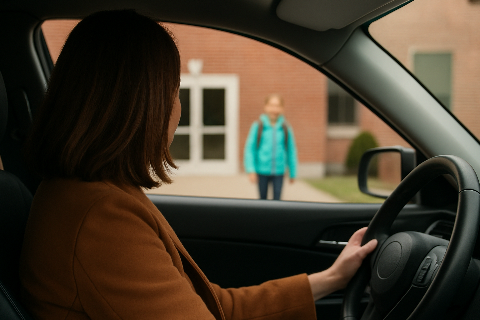 Person in car looking at child outside near building entrance.