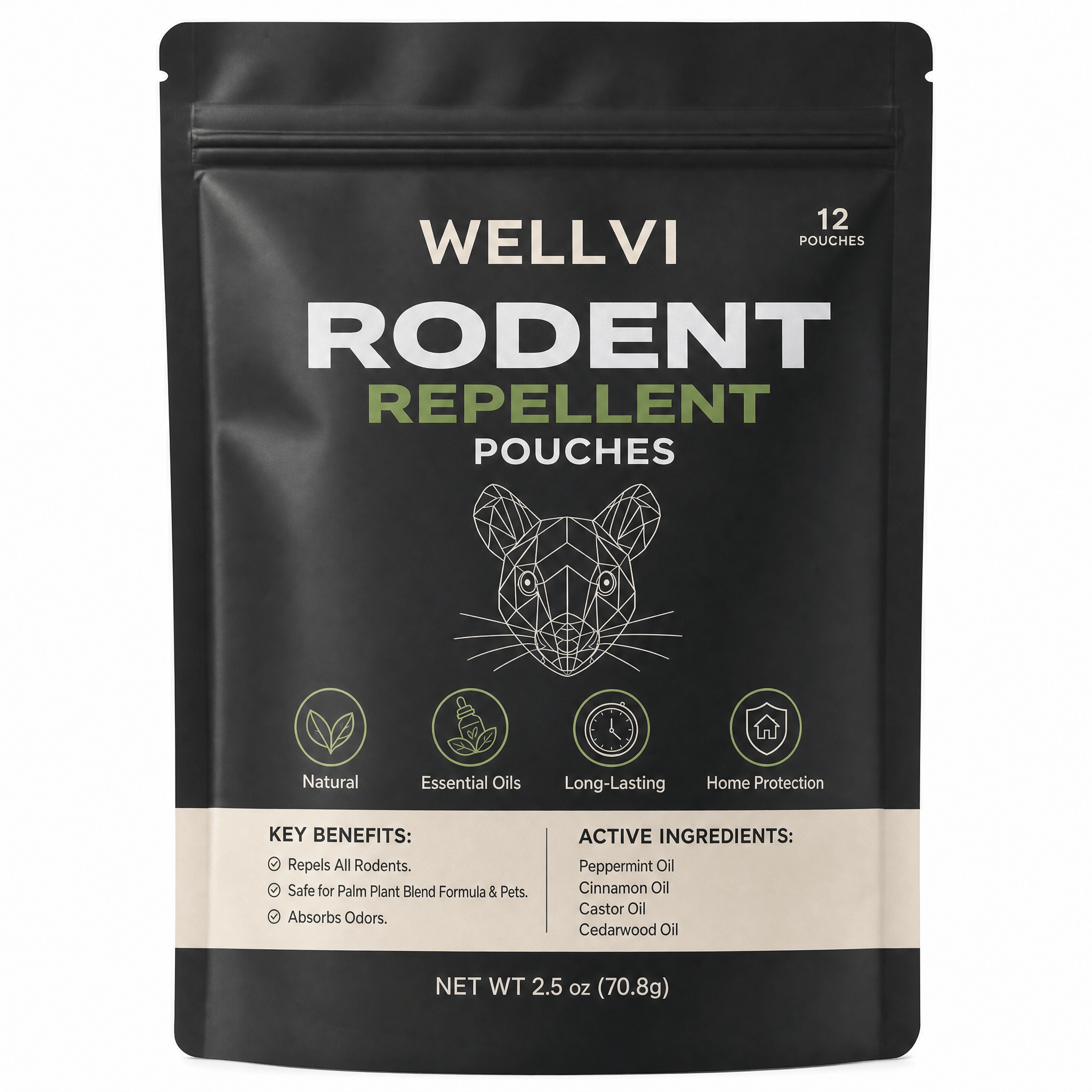A black resealable pouch of Wellvi Rodent Repellent Pouches, shown against a white background.