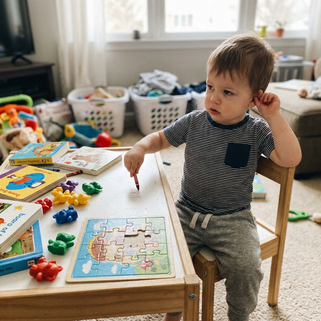 A young child sits at a small table with a crayon, a puzzle, and other toys.