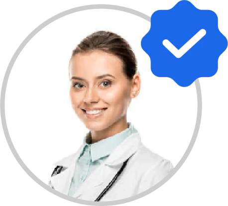 A smiling female doctor in a lab coat and stethoscope, with a blue verification checkmark.