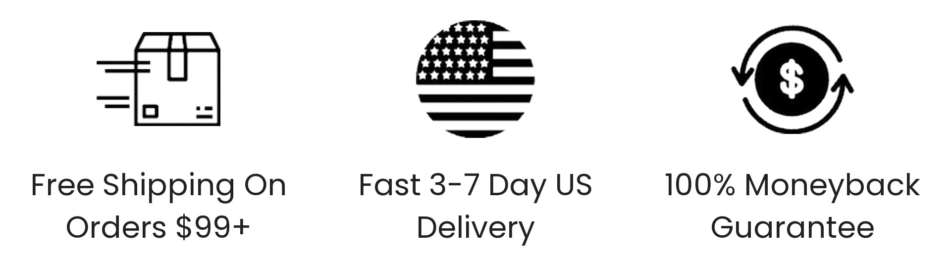 Icons and text for free shipping, fast US delivery, and a moneyback guarantee.