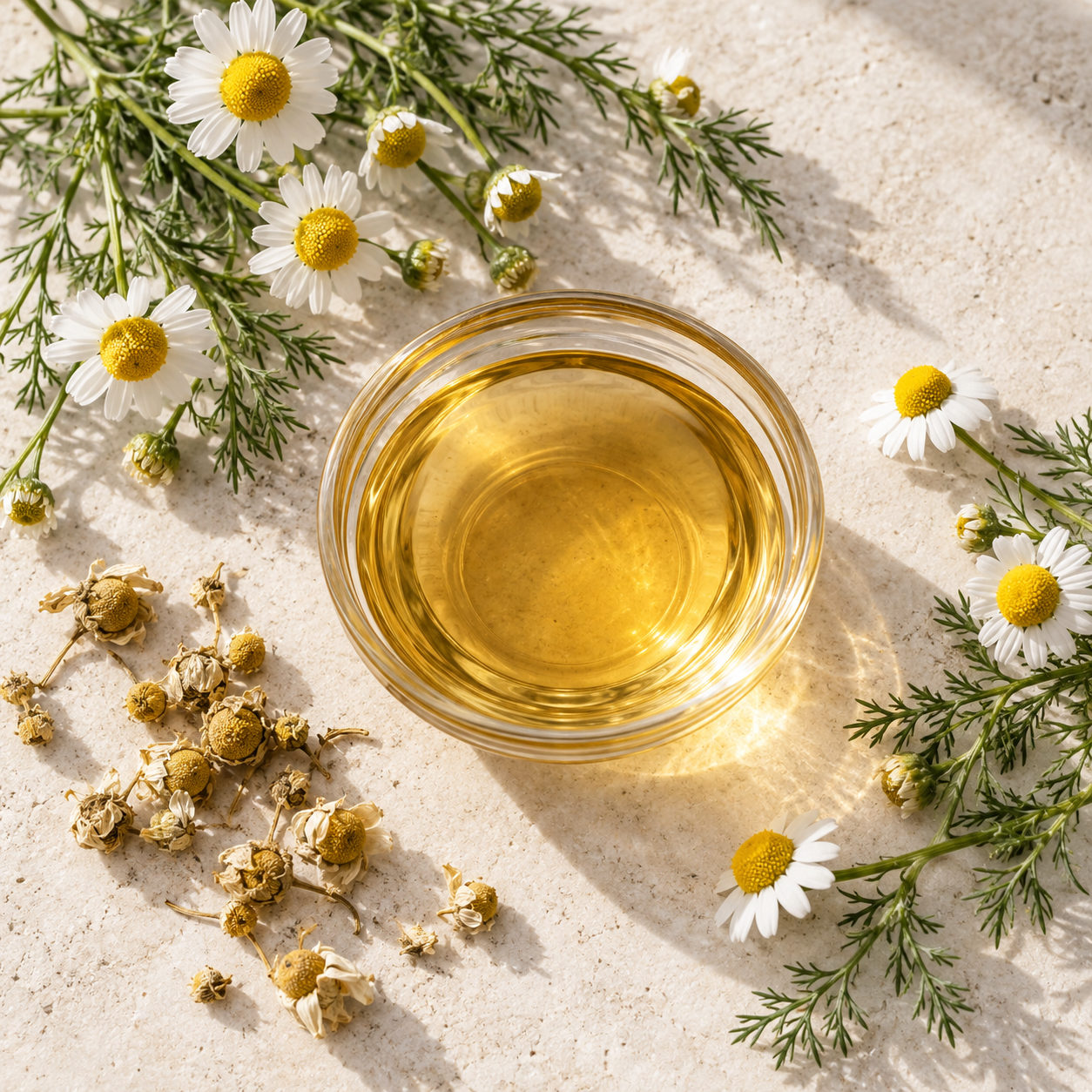 A glass bowl of chamomile oil is surrounded by fresh and dried chamomile flowers on a stone surface.