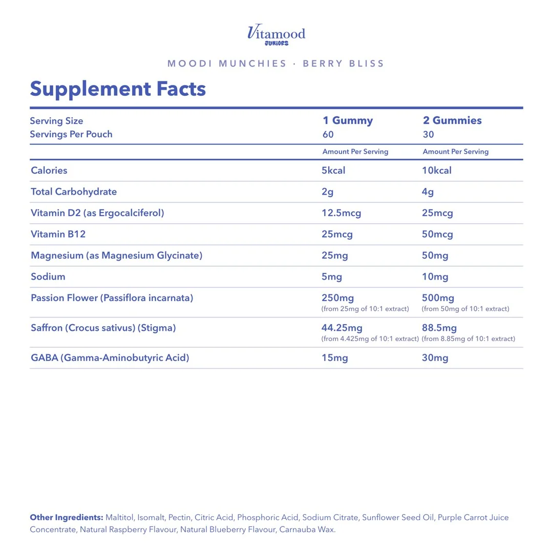 The supplement facts label for Vitamood Juniors Moodi Munchies, showing nutritional information per serving.