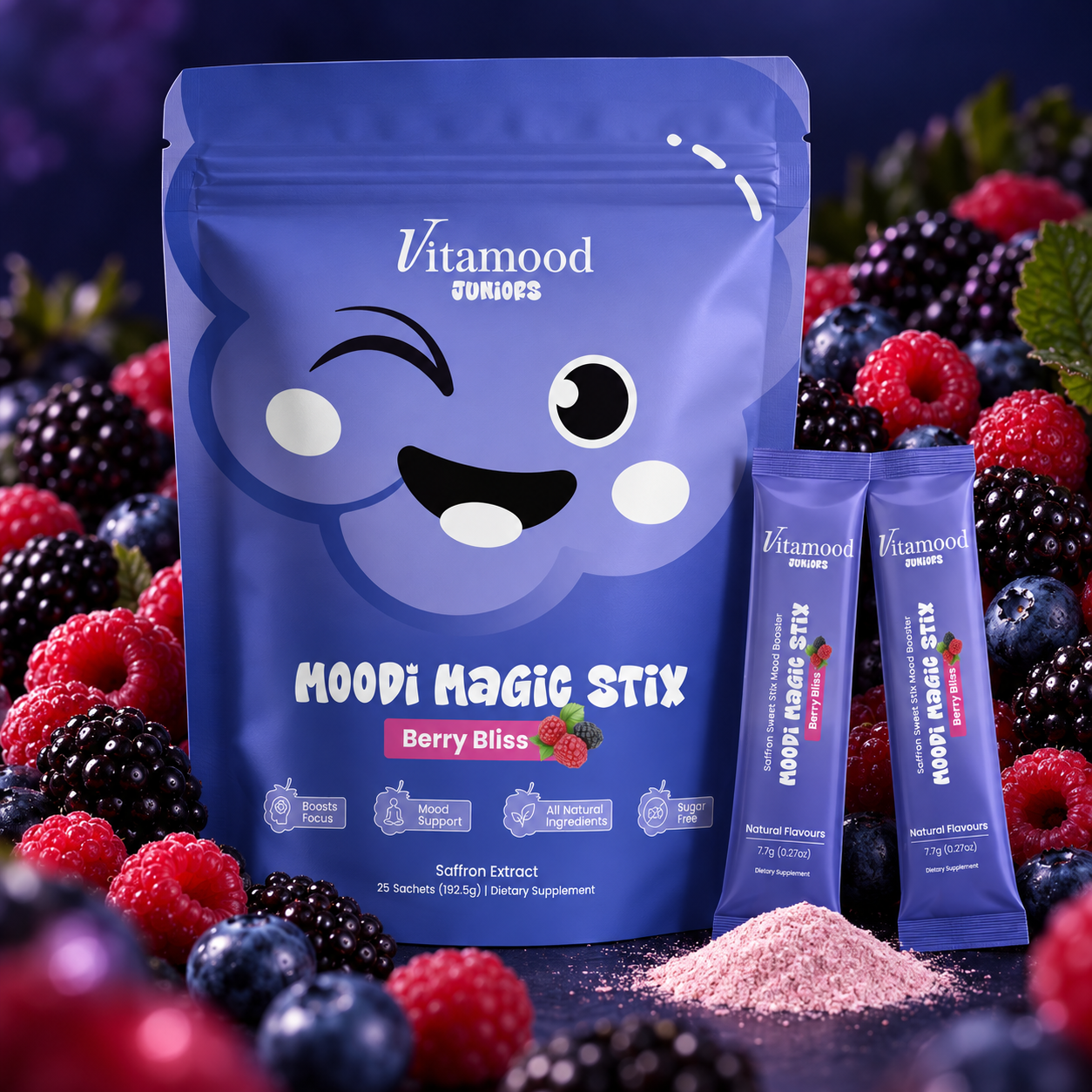 A blue pouch of Vitamood Juniors Moodi Magic Stix surrounded by fresh berries and individual packets.