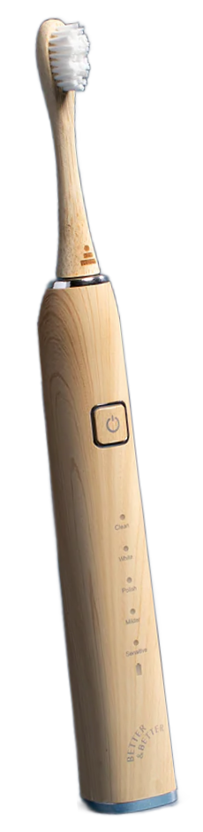 Wooden electric toothbrush with multiple settings and a power button.