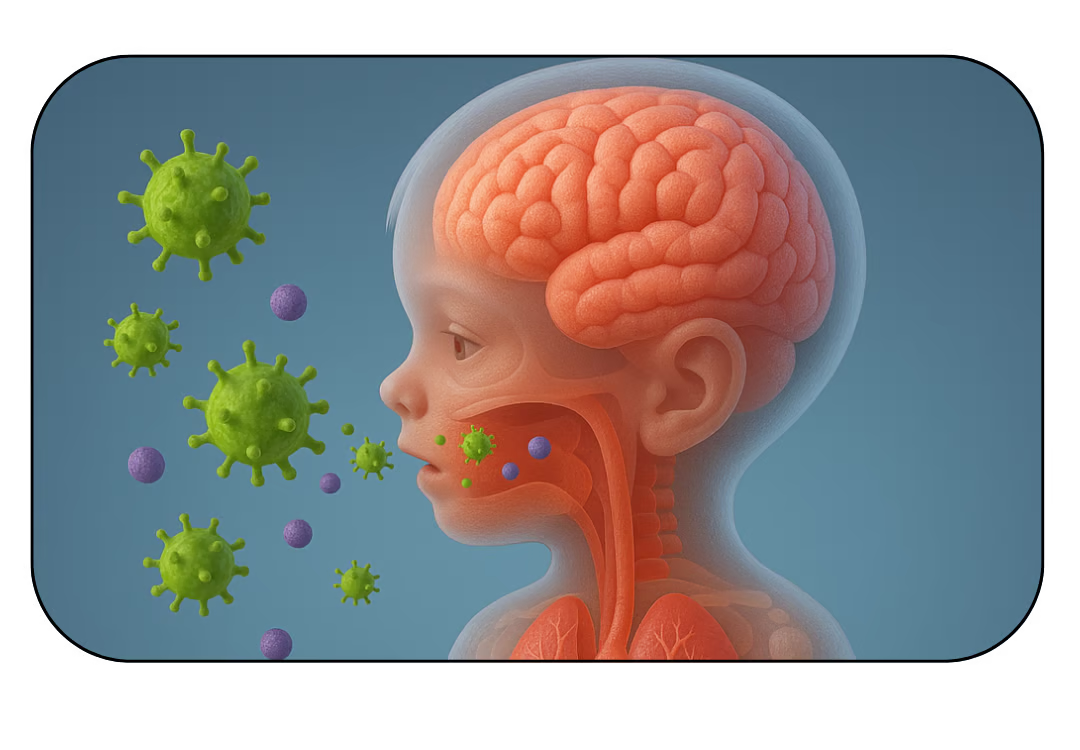 Illustration of a child's head with visible brain and viruses approaching.