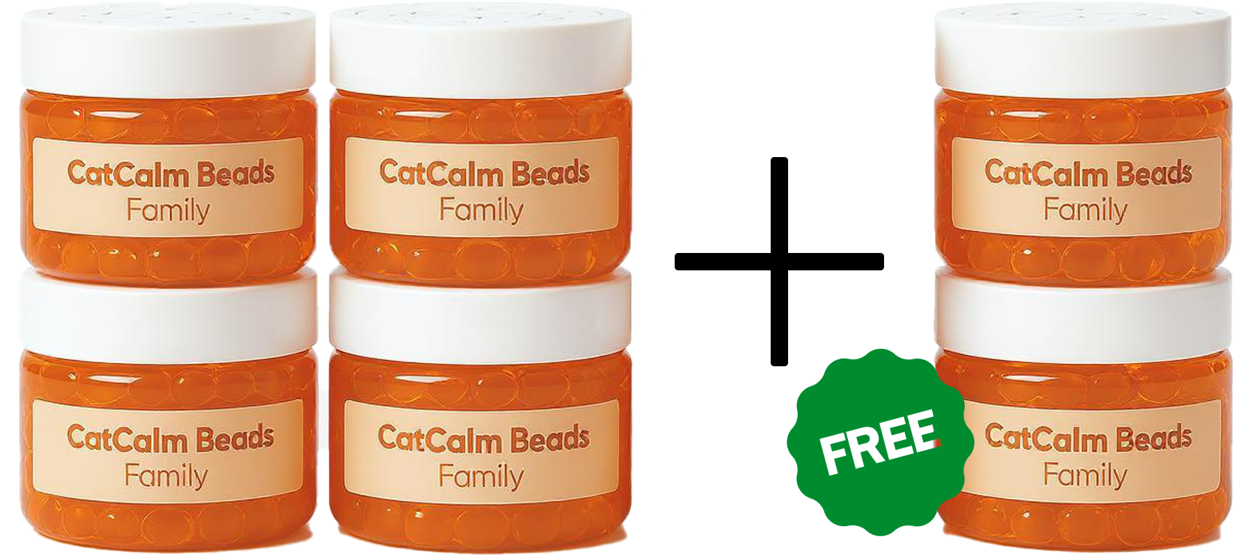 Six jars of CatCalm Beads Family with an arrow in the middle.
