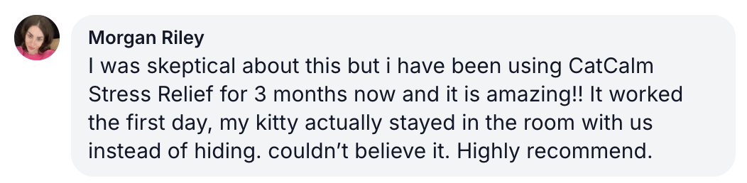 A customer review from Morgan Riley for CatCalm Stress Relief, with her profile picture.