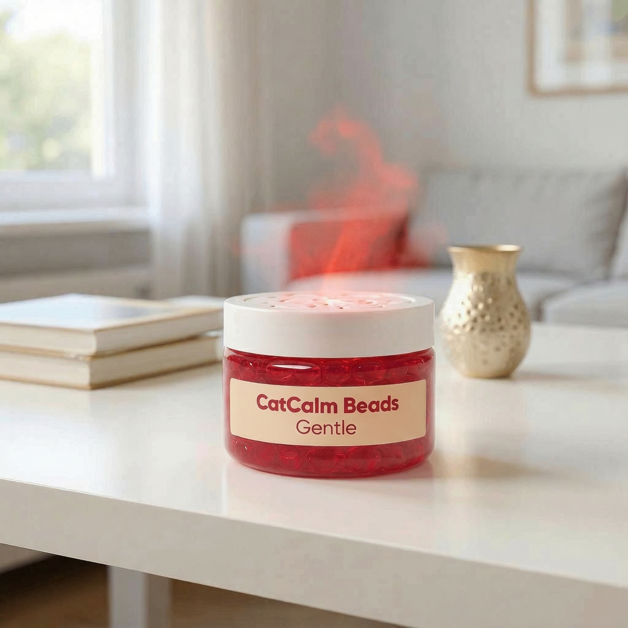 A jar of CatCalm Beads sits on a white table in a living room, emitting a red vapor.