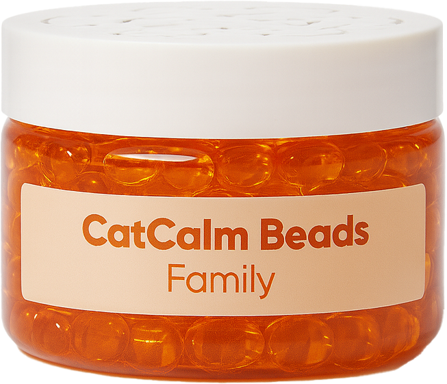 Jar of orange beads labeled 'CatCalm Beads Family' with a white lid.