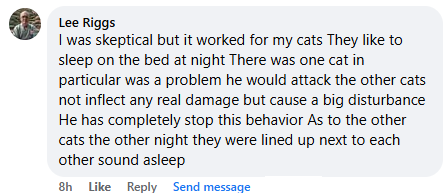 A Facebook comment about cats sleeping peacefully with improved behavior.