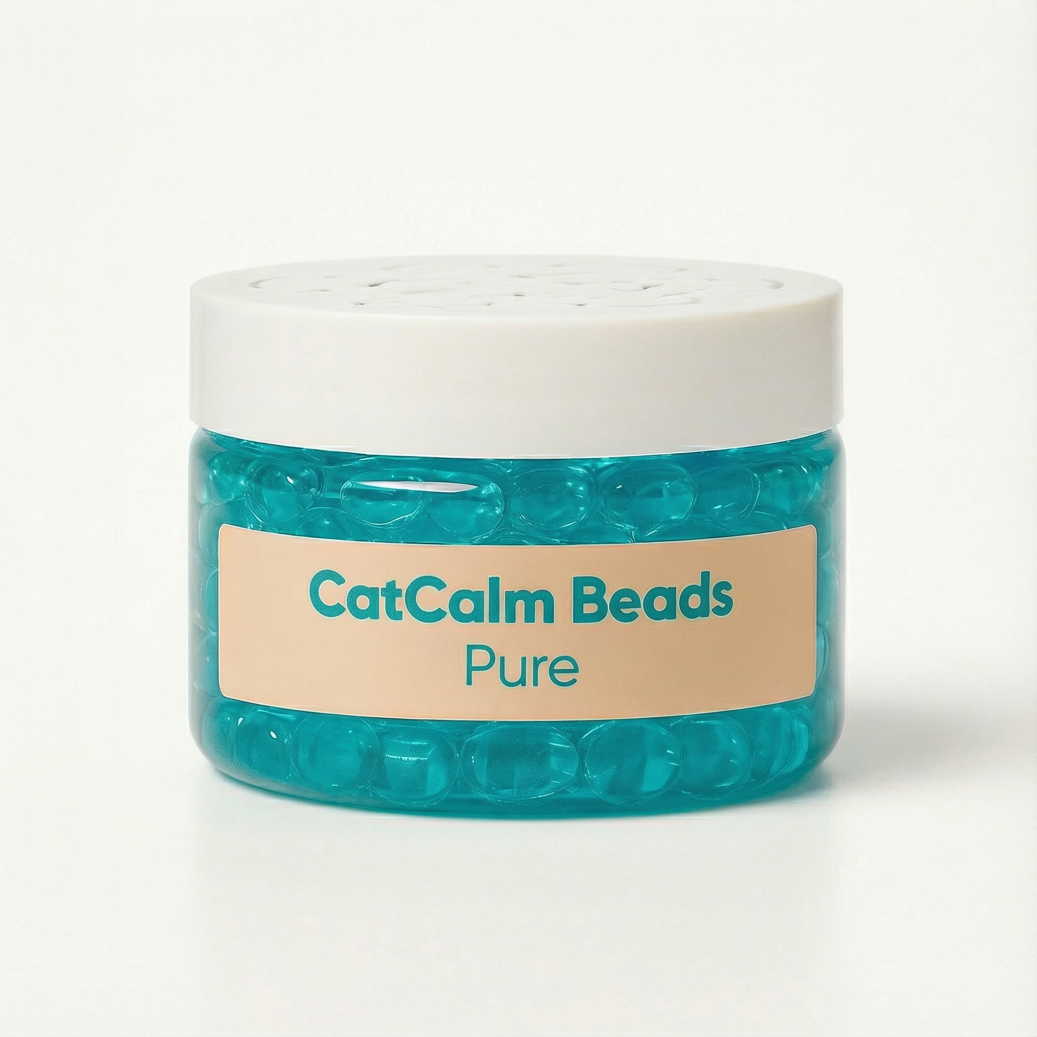 A clear plastic jar of CatCalm Beads Pure filled with turquoise gel beads against a white background.