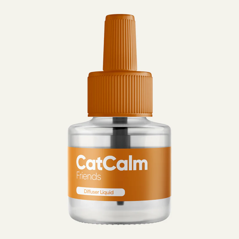 Small bottle labeled 'CatCalm Friends Diffuser Liquid' with orange cap.