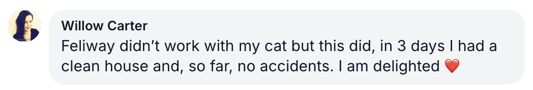 A social media comment with a profile picture and a testimonial about a cat product.