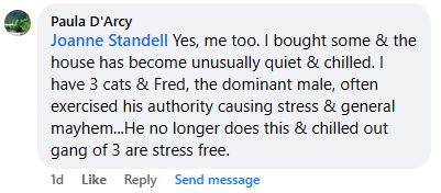 Screenshot of a Facebook comment discussing a calm atmosphere after buying a product.