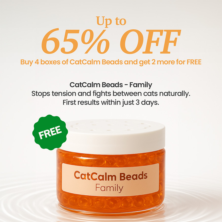 Orange container of CatCalm Beads with discount offer text.
