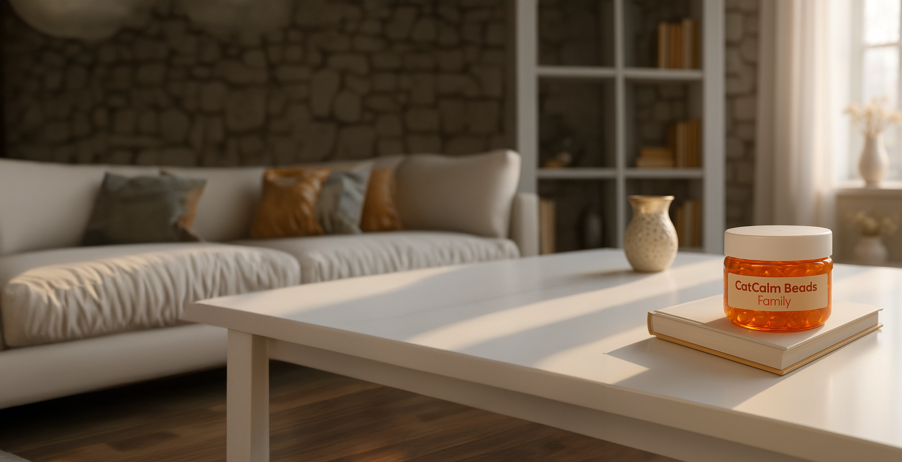 Living room with a white sofa, table, and jar labeled 'CatCalm Beads Family'.