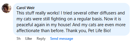 Screenshot of a Facebook comment recommending Pet Life Bio diffuser for calming cats.