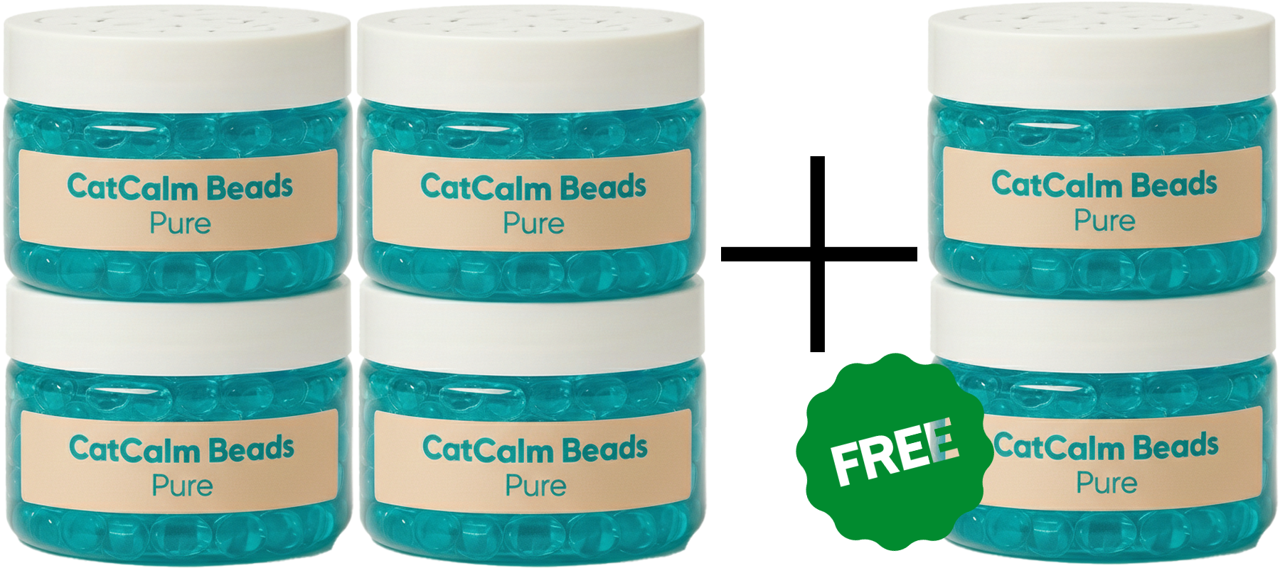 Four jars of CatCalm Beads with one free jar offer.