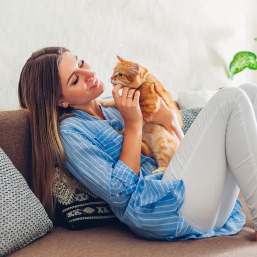 Woman in blue shirt cuddling an orange cat on a couch.