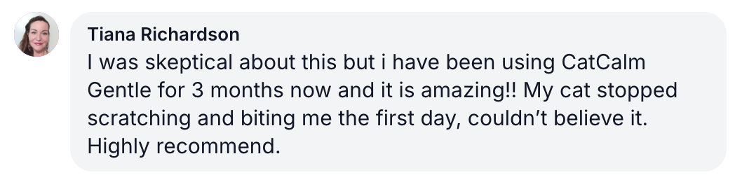 A screenshot of a positive customer review from Tiana Richardson for a product called CatCalm Gentle.