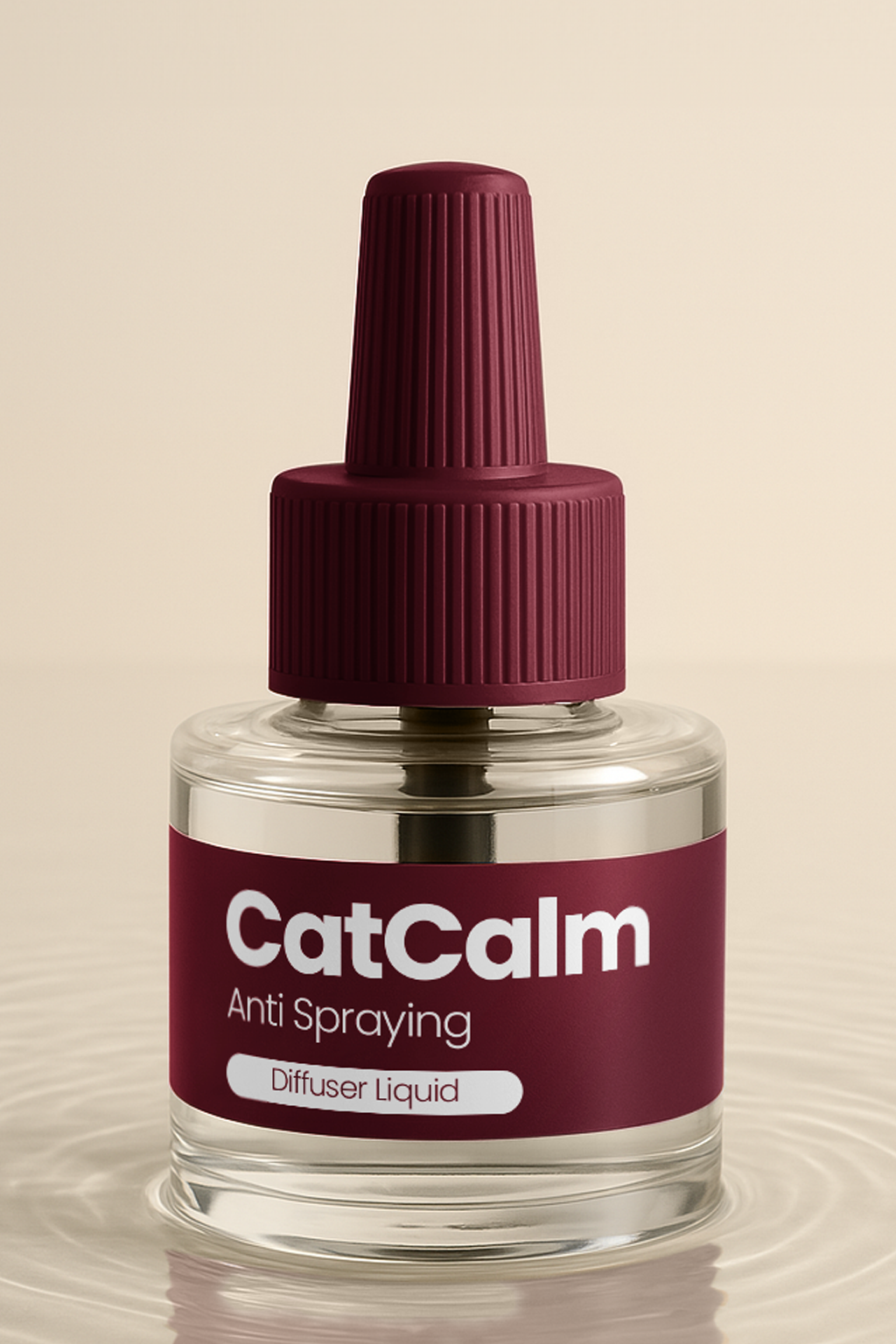 Bottle of CatCalm anti-spraying diffuser liquid with maroon cap and label.