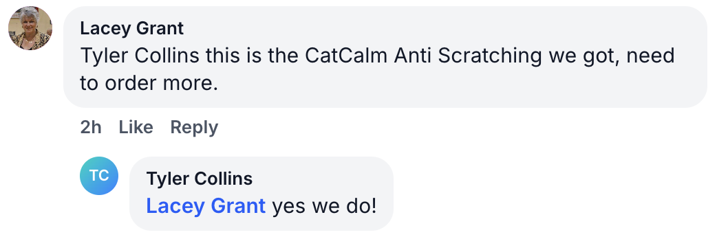 A screenshot of a social media comment from Lacey Grant about CatCalm Anti Scratching and a reply.