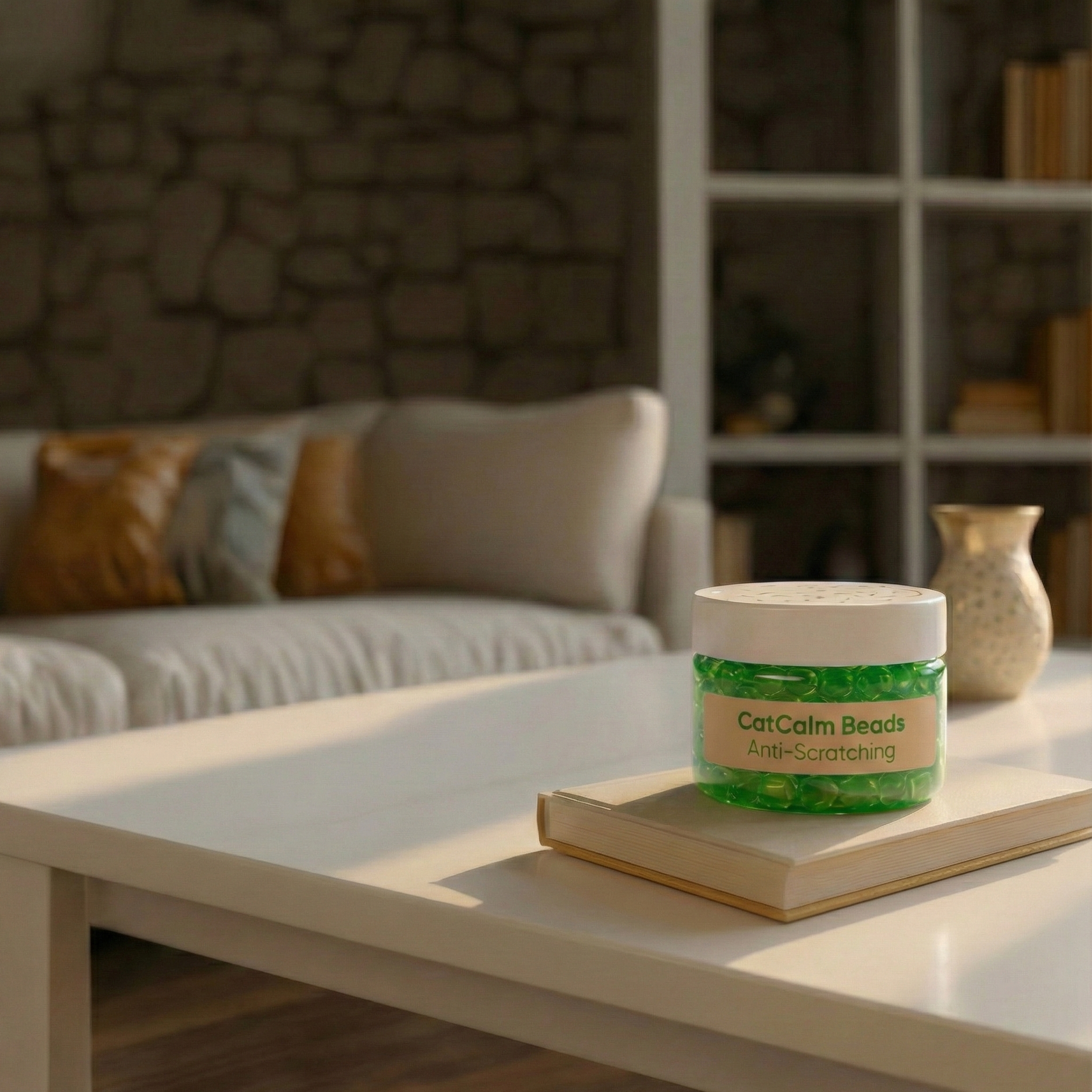 A jar of CatCalm Beads Anti-Scratching sits on a book on a coffee table in a living room.