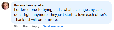 Facebook comment praising a product for improving cats' behavior.