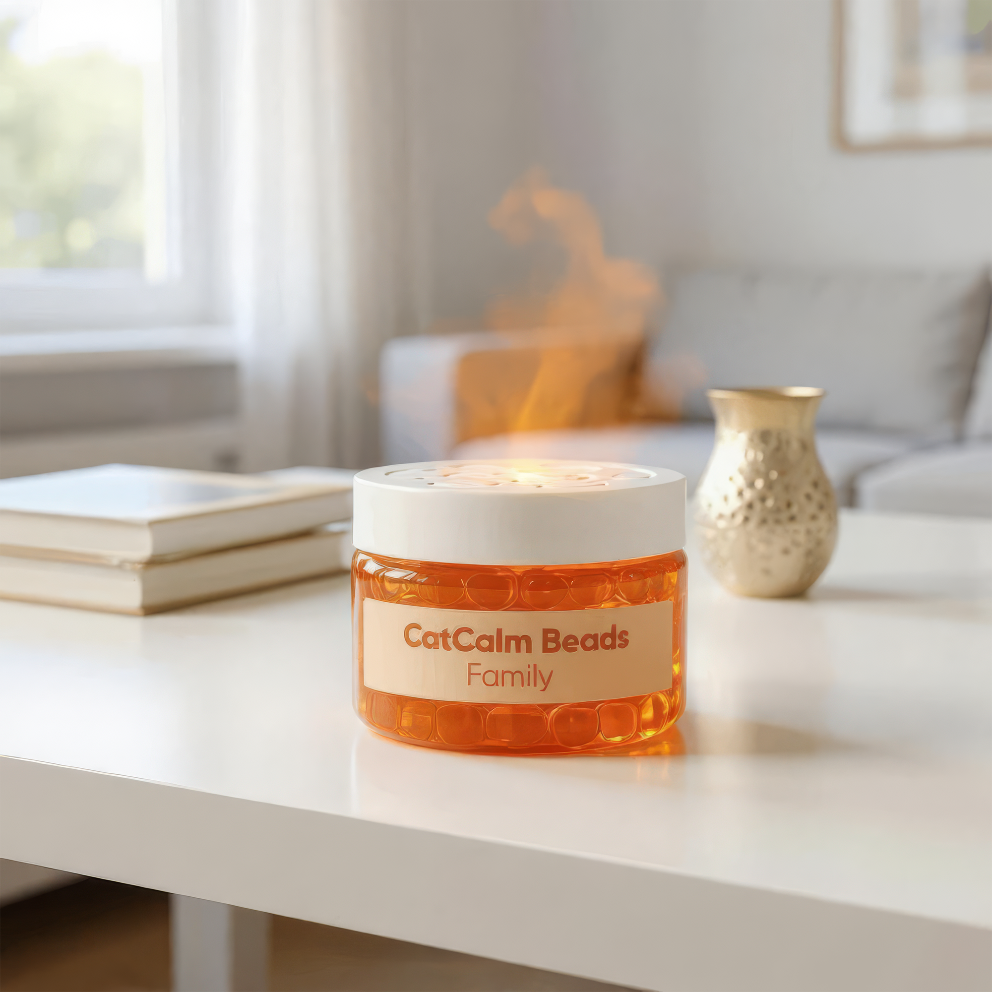 Orange jar labeled 'CatCalm Beads Family' on a white table.