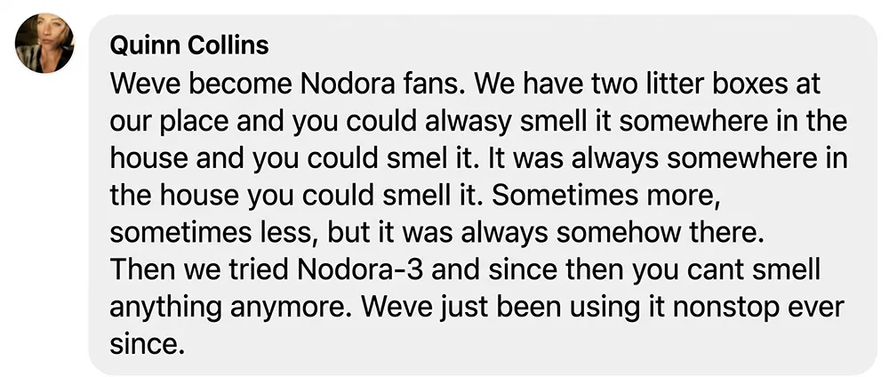A screenshot of a customer review from Quinn Collins for a product called Nodora.