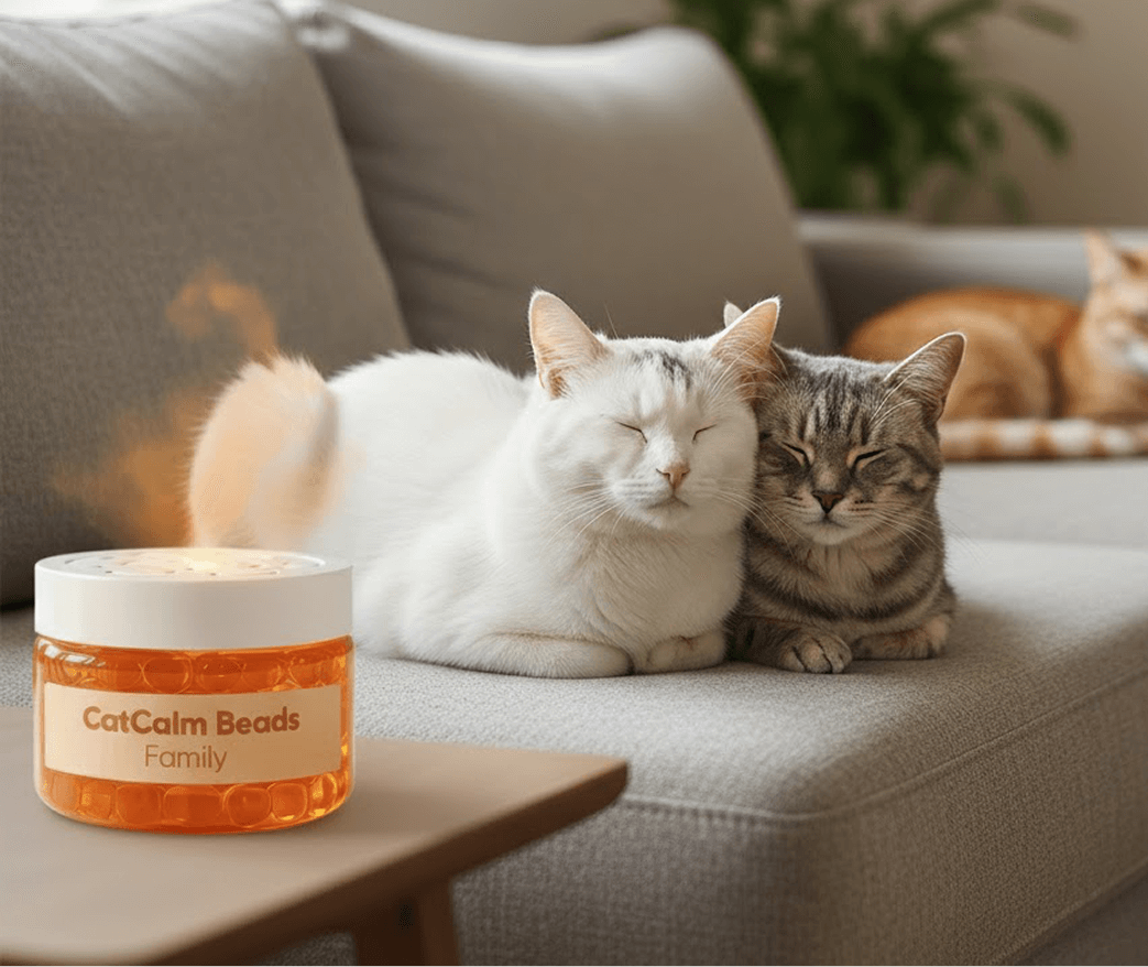 A smiling woman holding a tabby cat and a jar of CatCalm Beads.