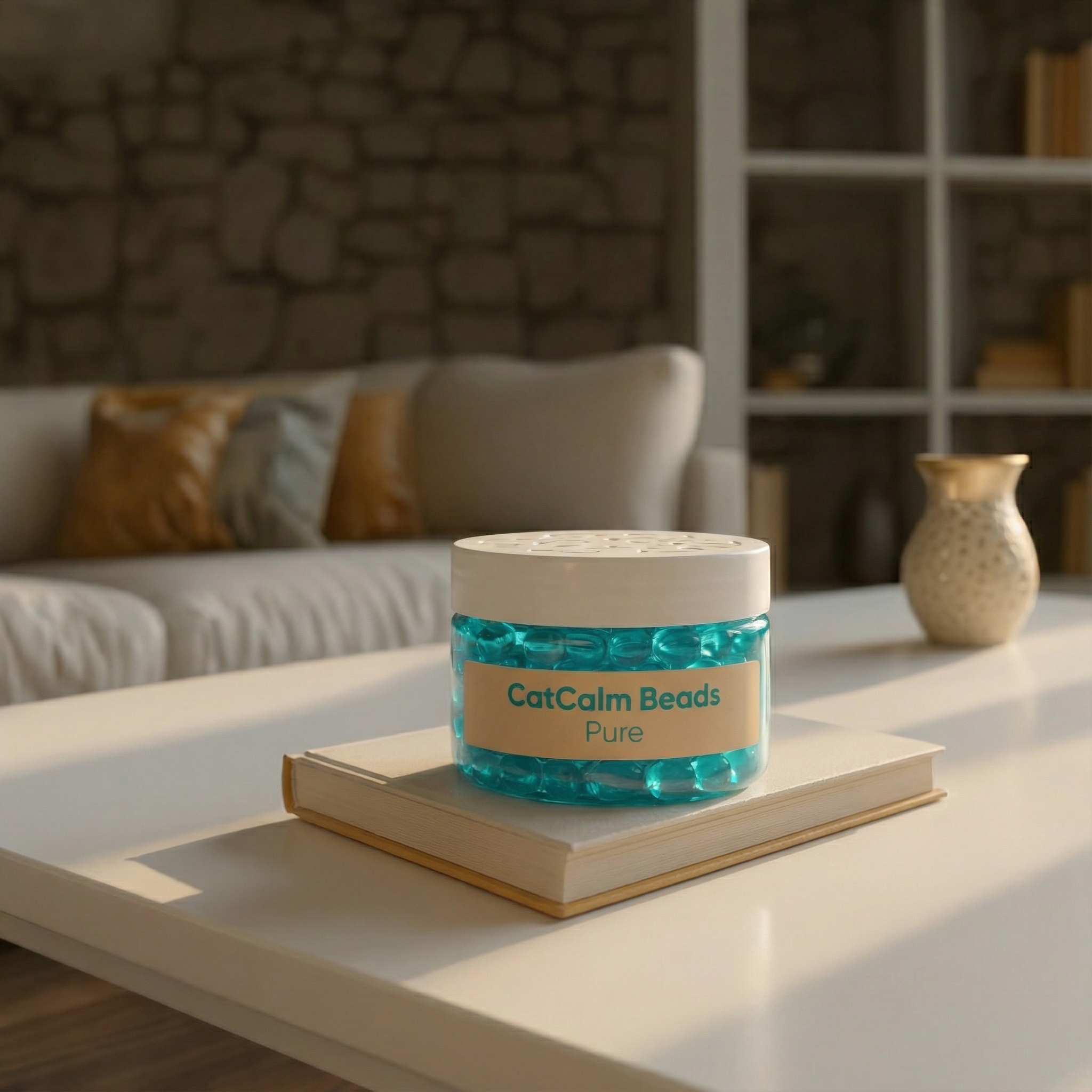 A jar of CatCalm Beads Pure sits on a book on a white coffee table in a living room.