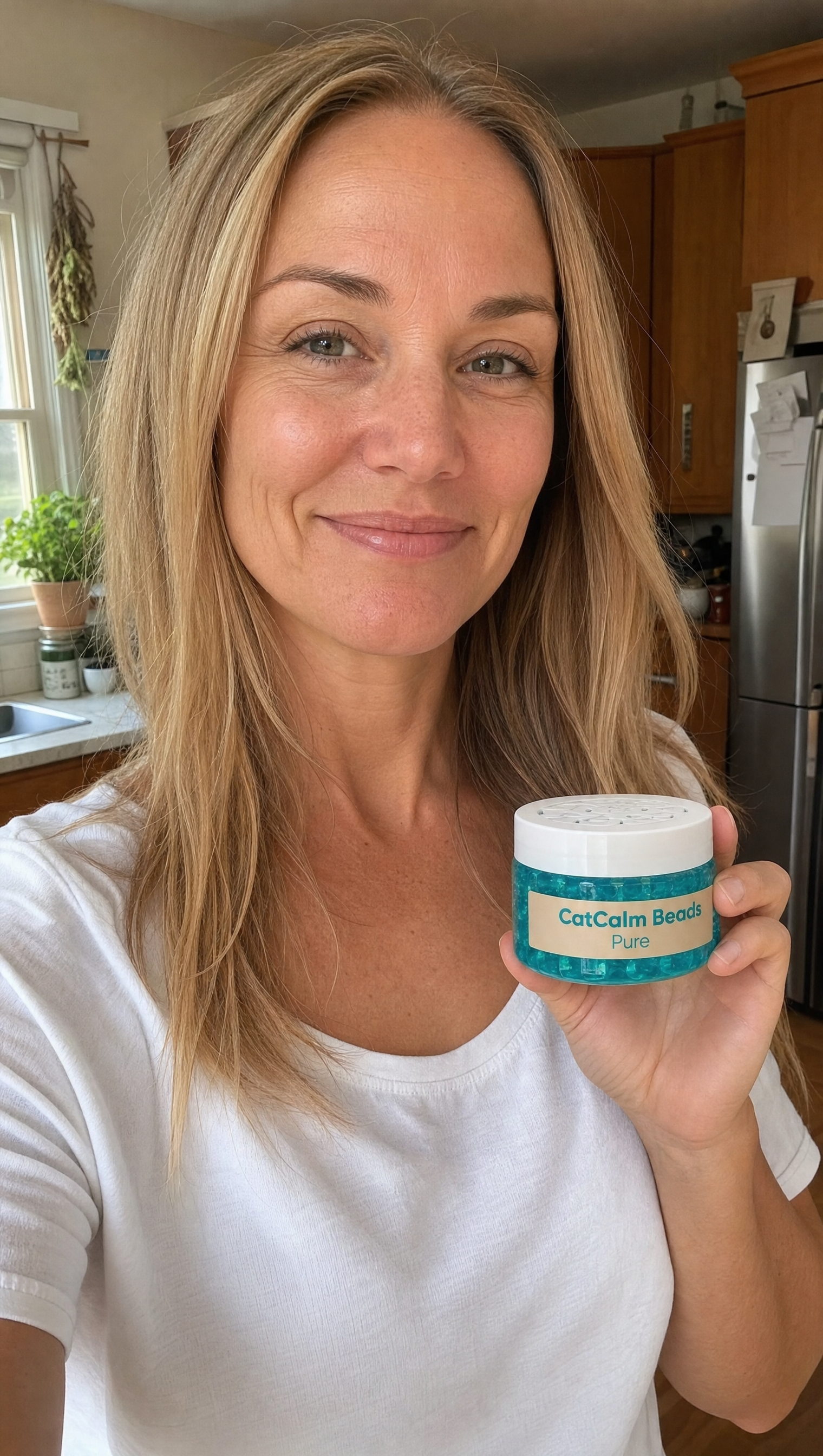 A smiling woman in a white t-shirt holds up a jar labeled 'CatCalm Beads Pure'.