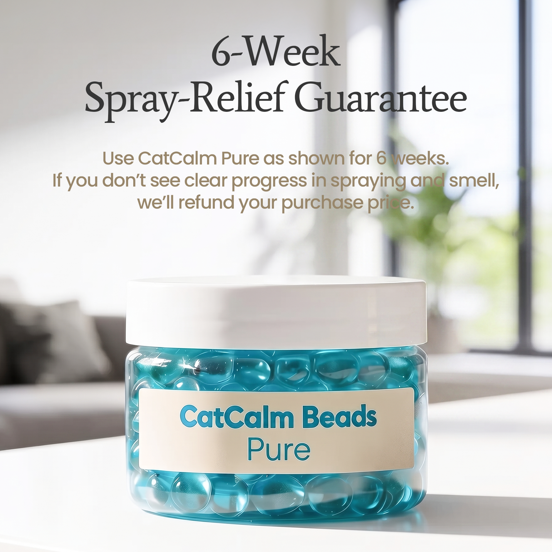 A promotional image for CatCalm Beads Pure, showing the jar of blue beads and a 6-week guarantee.