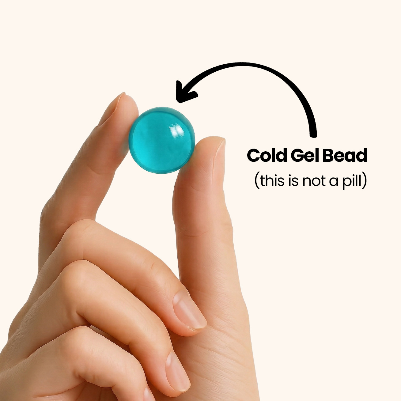 A hand holding a small, blue, translucent sphere, with text identifying it as a Cold Gel Bead.