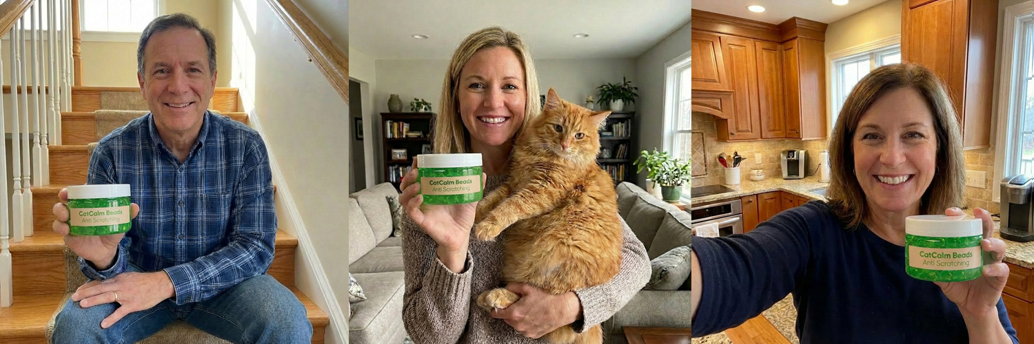 A collage of three people holding a jar of CatCalm Beads, with one woman also holding a cat.