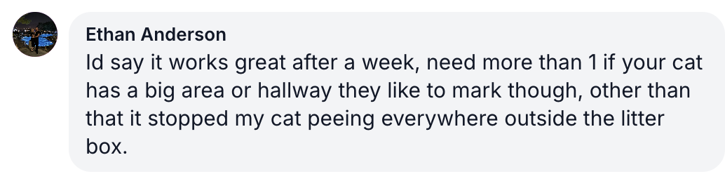 A screenshot of a positive product review from Ethan Anderson about his cat's litter box habits.