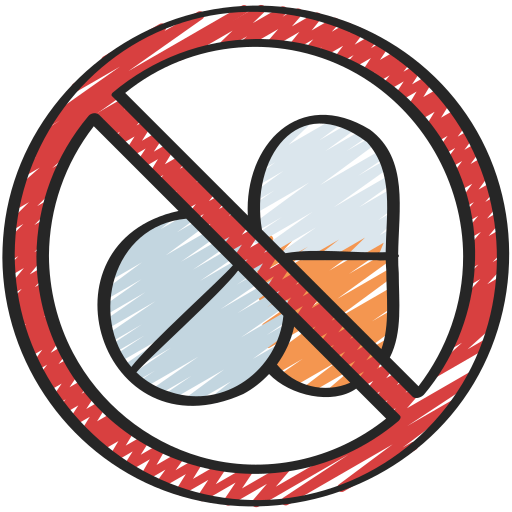 A sketched icon of a red prohibition sign over a pill and a capsule.