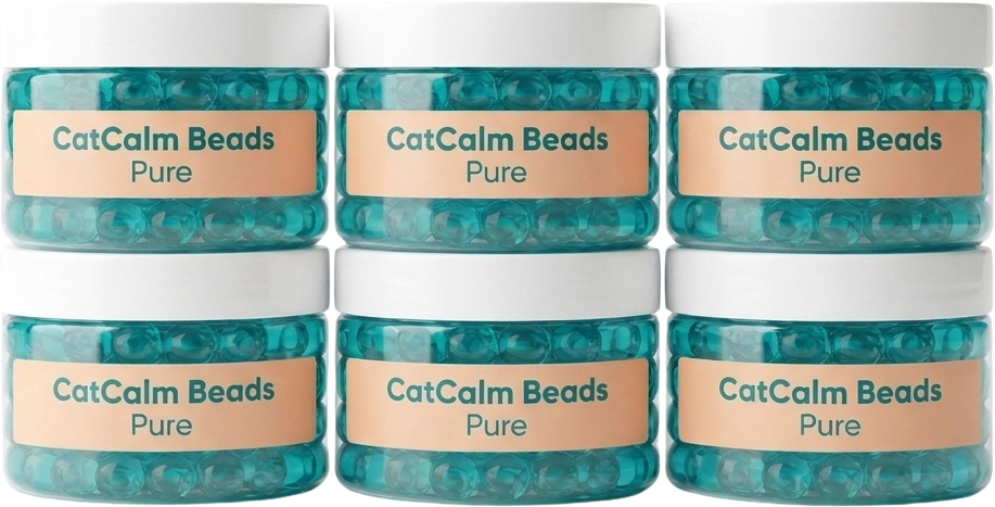 Six jars of CatCalm Beads Pure, containing translucent teal beads, arranged in two rows.