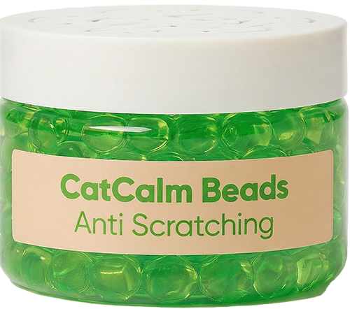 A clear jar filled with green beads, labeled 'CatCalm Beads Anti Scratching,' with a white lid.