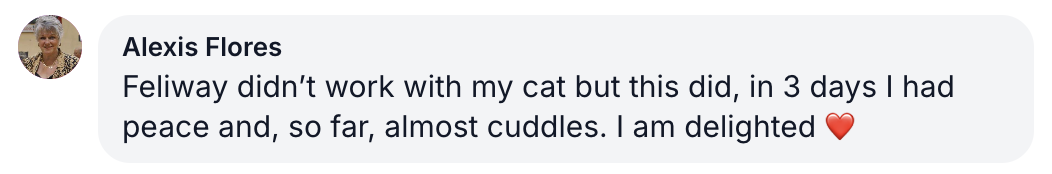 A screenshot of a positive review by Alexis Flores, praising a product's effect on her cat.
