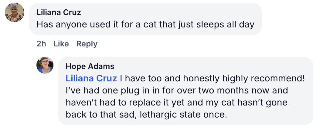 A screenshot of a social media thread discussing a product for lethargic cats.