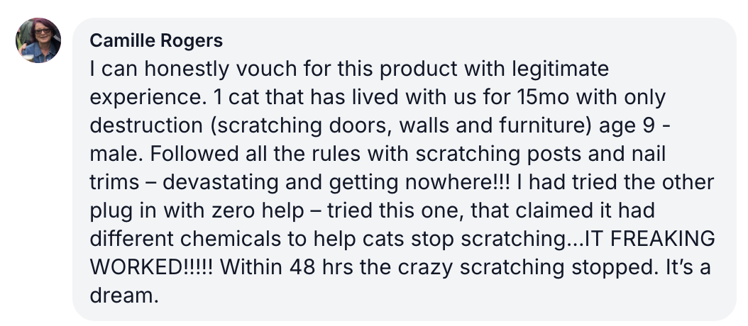 A screenshot of a testimonial from a user named Camille Rogers, praising a product for cats.