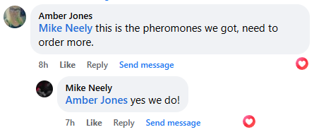 Facebook comments discussing ordering more pheromones, with likes and reply options visible.
