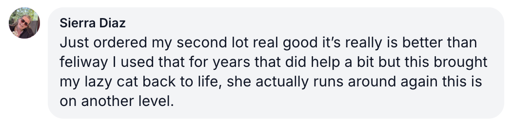 A screenshot of a customer review from Sierra Diaz, praising a product that helped her cat.