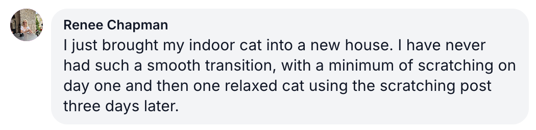 A testimonial from Renee Chapman about her cat's smooth transition into a new house.