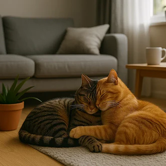 Two cats cuddling on a rug in a cozy living room.