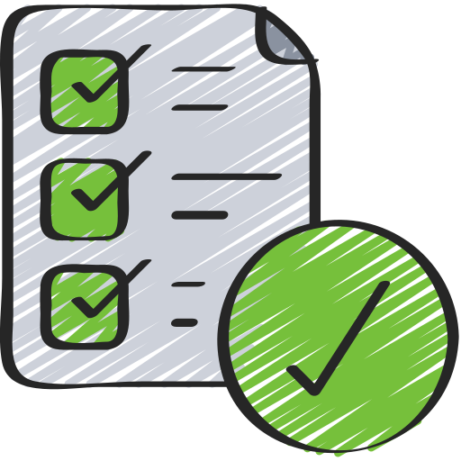 A hand-drawn icon of a checklist with three checked boxes and a large green checkmark.